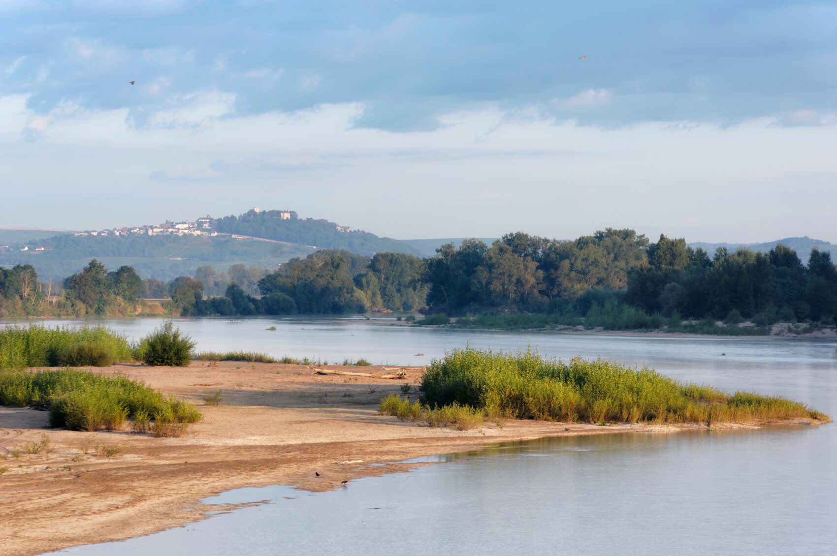 Sandbank in the Loire river and hill of Sancerre village