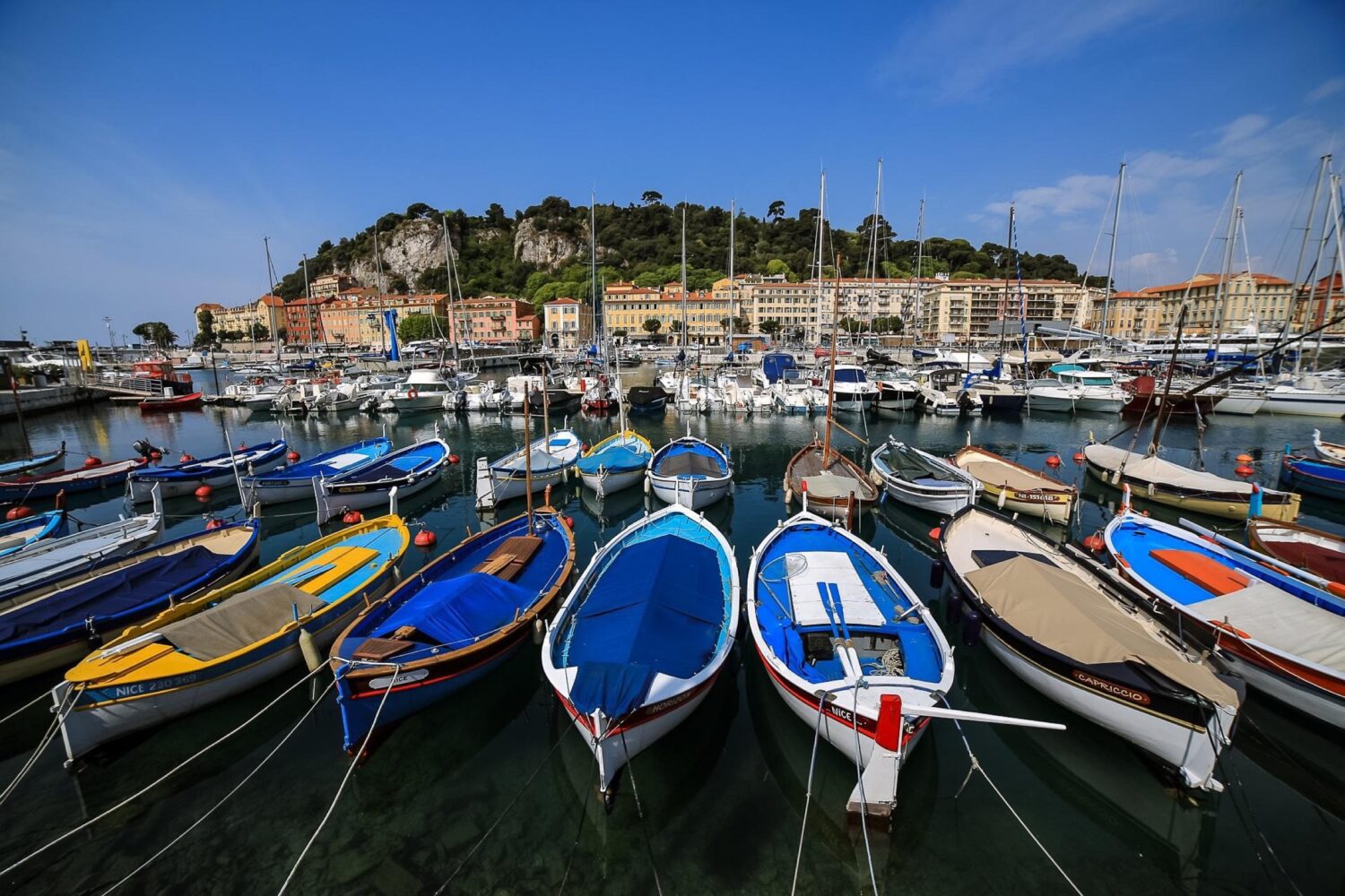 Een haven in Nice met verschillende boten, waaronder kleurrijke vissersboten en jachten, met een heuvel en gebouwen op de achtergrond onder een blauwe lucht.